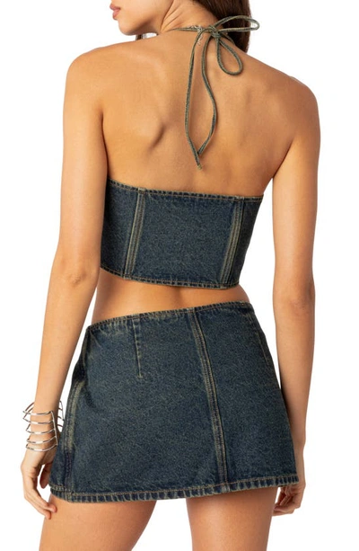 Edikted Elara Lace-up Denim Corset Halter Top In Blue