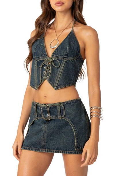 Edikted Elara Lace-up Denim Corset Halter Top In Blue