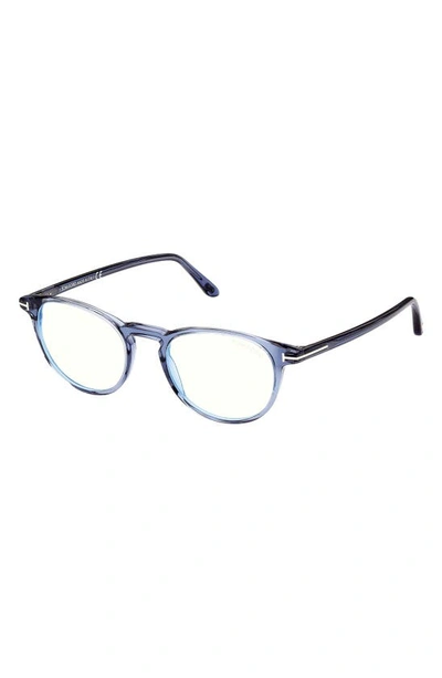 Tom Ford 51mm Round Blue Light Blocking Optical Glasses In Shiny Blue