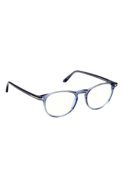 Tom Ford 51mm Round Blue Light Blocking Optical Glasses In Shiny Blue
