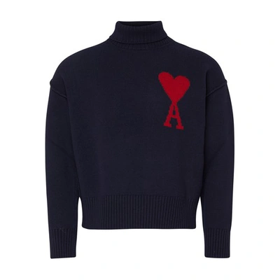 Shop Ami Alexandre Mattiussi Ami De Caur Turtleneck Sweater In Night_blue_red