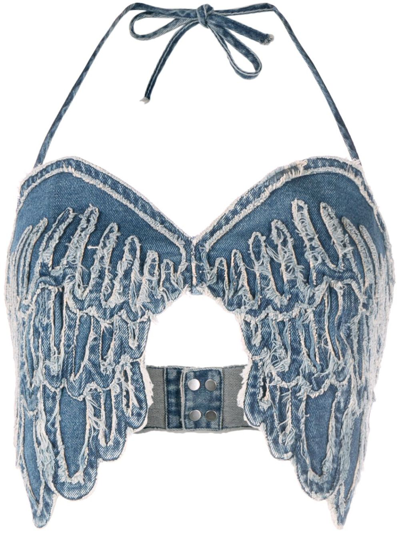 Shop Blumarine Embroidered Wings Denim Top - Women's - Cotton/elastane In Blue