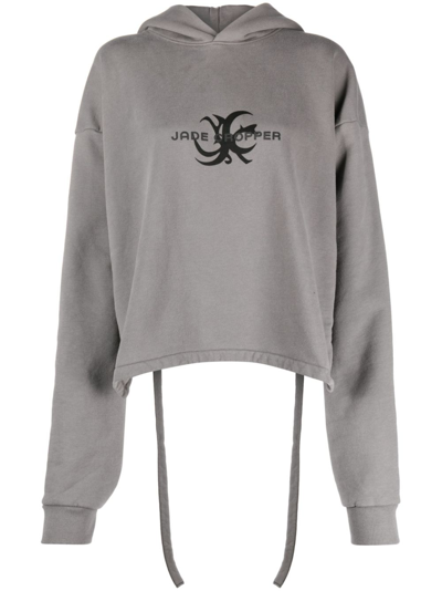 Shop Jade Cropper Grey Logo-print Asymmetric Hoodie