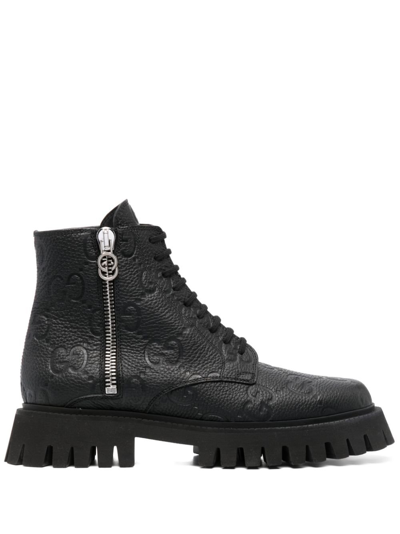 Shop Gucci Black Gg Leather Ankle Boots