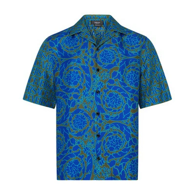 Shop Versace Allover Baroque Print Silk Shirt In 5k130_khaki_blue