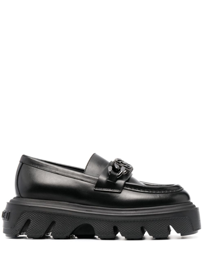Shop Casadei Logo-plaque Leather Loafers In Black
