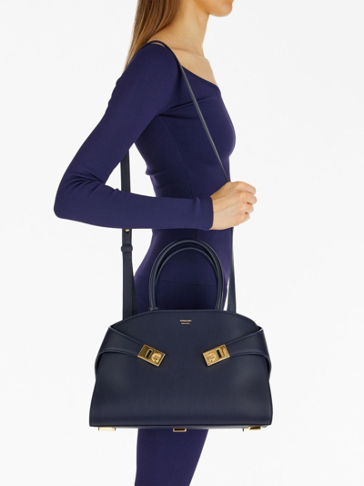 Ferragamo Hug Small Leahter Tote Bag In Blue
