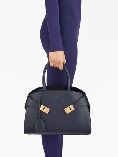 Ferragamo Hug Small Leahter Tote Bag In Blue