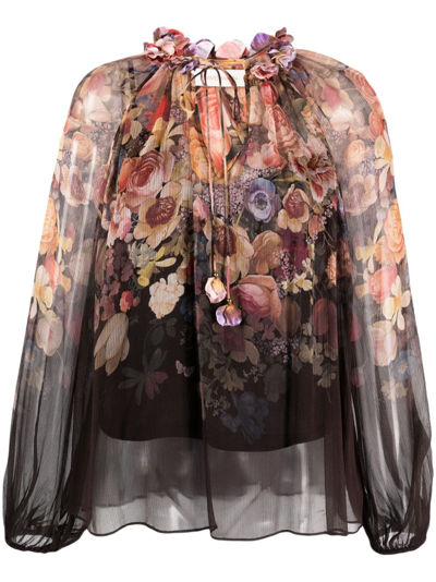 Shop Zimmermann Gathered-neck Floral-print Blouse In Neutrals