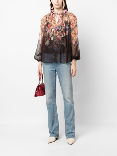 Shop Zimmermann Gathered-neck Floral-print Blouse In Neutrals