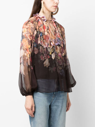 Shop Zimmermann Gathered-neck Floral-print Blouse In Neutrals