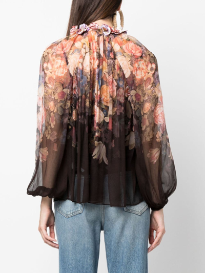 Shop Zimmermann Gathered-neck Floral-print Blouse In Neutrals