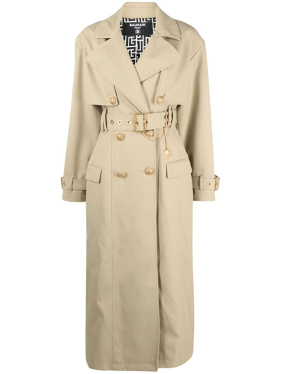 Shop Balmain Embellished Gabardine Trench Coat In Neutrals