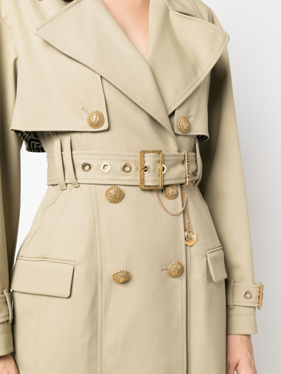 Shop Balmain Embellished Gabardine Trench Coat In Neutrals