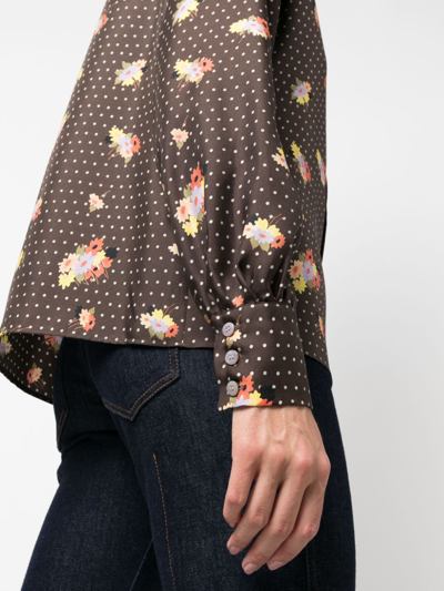 Shop Etro Polka-dot Floral-print Silk Shirt In Brown
