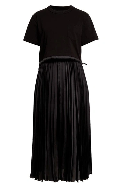 Shop Sacai Mixed Media Pleated Dress In Black