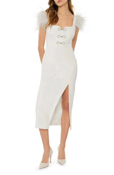 Shop Likely Rizzo Crystal Bow Feather Trim Midi Dress In White
