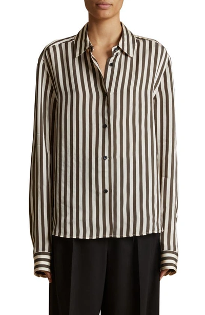 Shop Khaite Argo Stripe Oversize Button-up Blouse In Ivory / Dark Brown