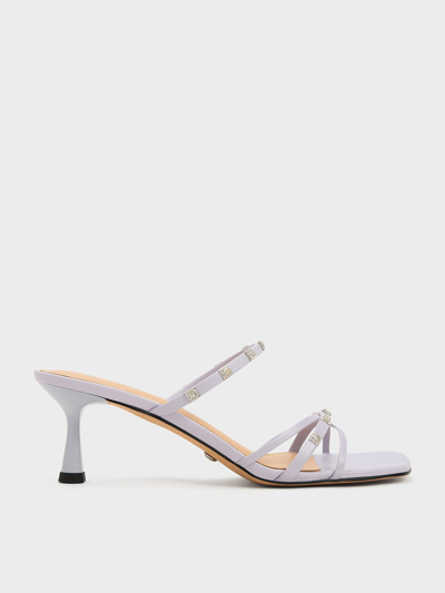 Shop Charles & Keith - Square Crystal-embellished Metallic Leather Heeled Mules In Lilac