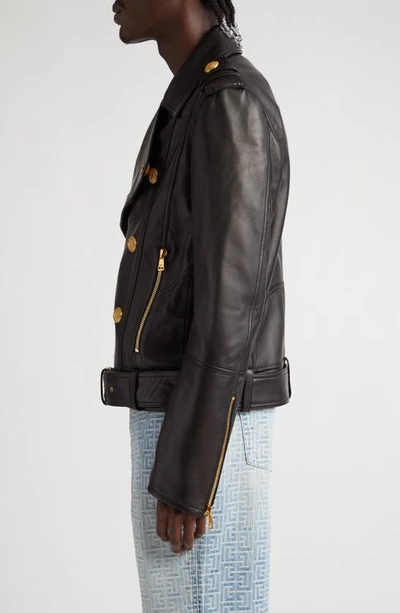 Shop Balmain Lambskin Leather Moto Jacket In 0pa - Black
