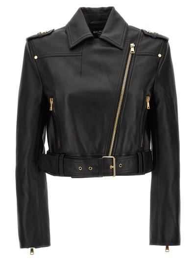 Shop Balmain Leather Biker Jacket Casual Jackets, Parka Black