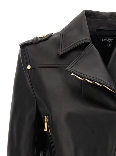 Shop Balmain Leather Biker Jacket Casual Jackets, Parka Black