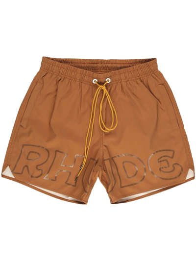 Shop Rhude Logo-print Swim Shorts In Braun