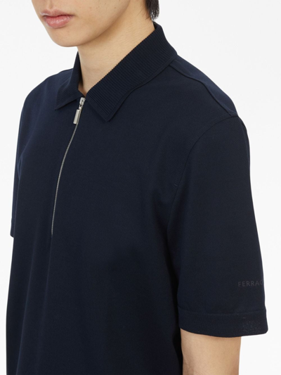 Shop Ferragamo Short-zip Cotton Polo Shirt In Blau