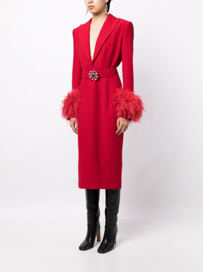 Shop Andrew Gn Feather-cuffs V-neck Dress In Red