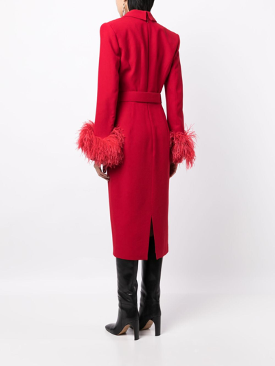 Shop Andrew Gn Feather-cuffs V-neck Dress In Red