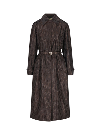 Shop Fendi Ff Jacquard Belted Coat In Brown