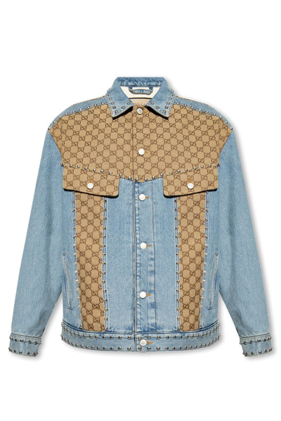 Shop Gucci Denim Monogrammed Contrasted Denim Jacket In Blue