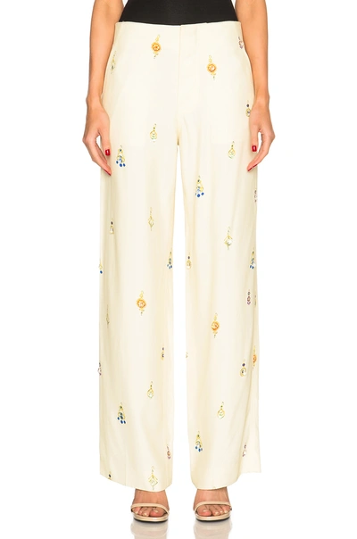 Victoria Beckham Drape Viscose Wide Leg Earring Print Trousers In Yellow.  In Ivory