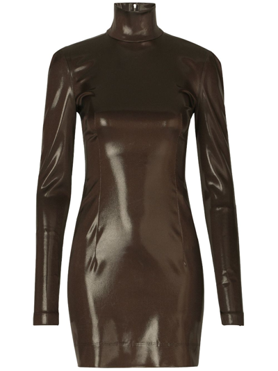 Shop Dolce & Gabbana Long-sleeve High-shine Dress In Brown
