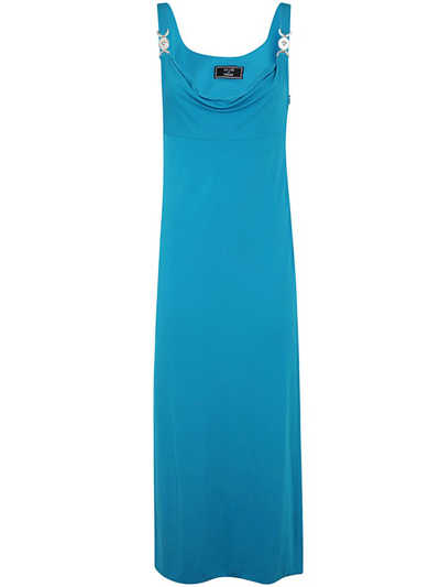 Shop Versace Logo Plaque Detailed Cowl Neck Dress In Blue