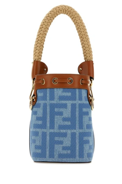 Shop Fendi Woman Embroidered Denim And Leather Mini Mon Tresor Bucket Bag In Multicolor