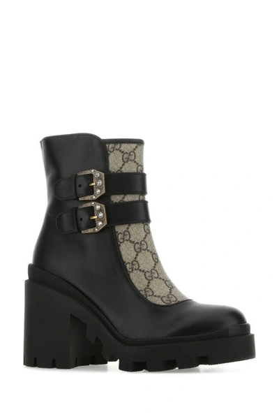Shop Gucci Woman Multicolor Leather And Gg Supreme Fabric Ankle Boots