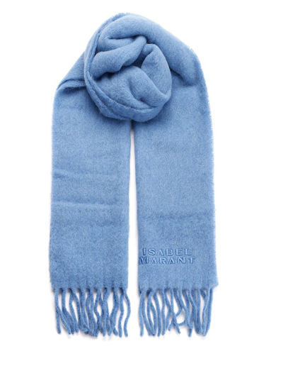 Shop Isabel Marant Firny Logo Embroidered Fringed Scarf In Blue