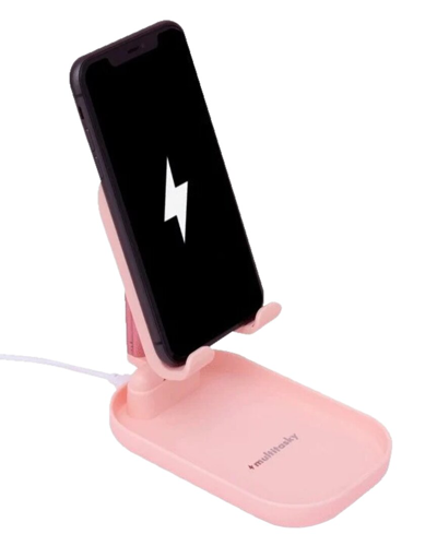 Multitasky Deluxe Pink Phone Holder With Charging Pad In Pink