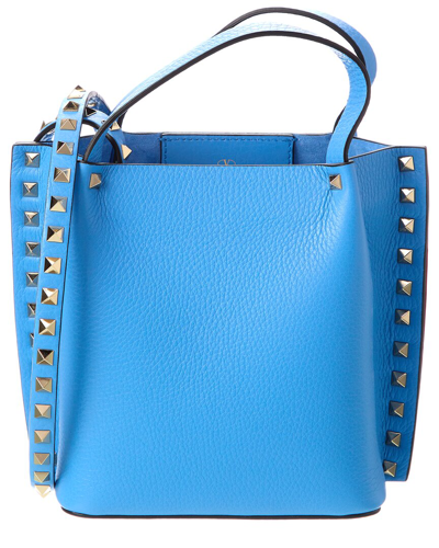 Shop Valentino Rockstud Grainy Leather Tote In Blue