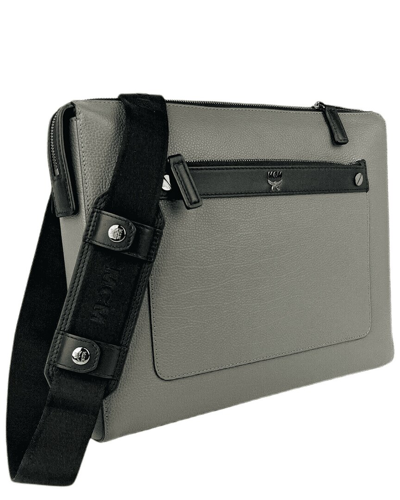 Shop Mcm Charcoal Leather Messenger Bag In Grey