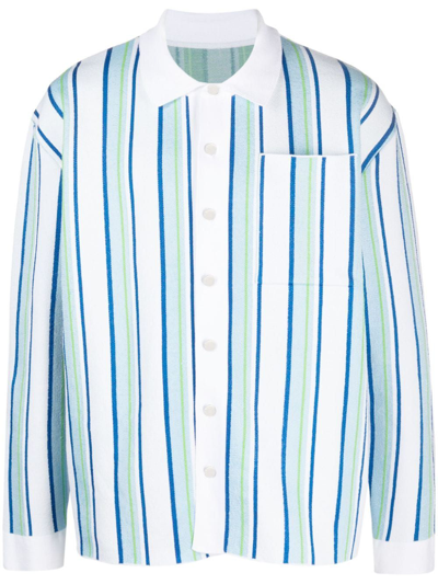 Shop Jacquemus White Stripe-jacquard Knitted Polo Shirt