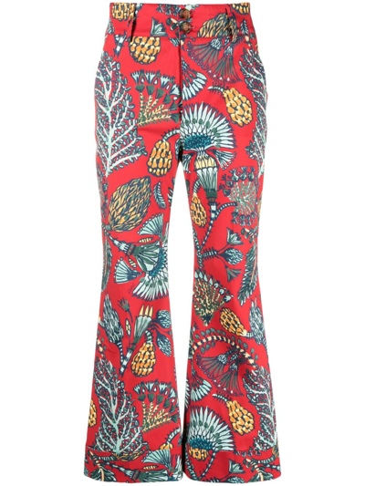 Shop La Doublej Hendrix Botanical-print Flared Trousers In Red