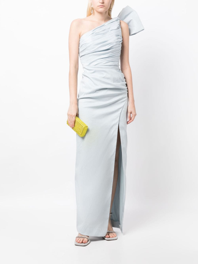 Shop Rachel Gilbert Olive Bow-detailing Ruched Dress In Blue