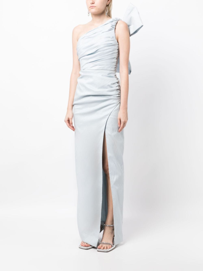 Shop Rachel Gilbert Olive Bow-detailing Ruched Dress In Blue