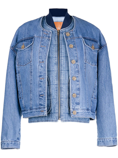 Shop Rejina Pyo Wells Layered Denim Bomber Jacket In Blue