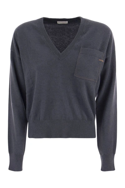 Shop Brunello Cucinelli Cashmere Sweater With Pocket In Dark Blue