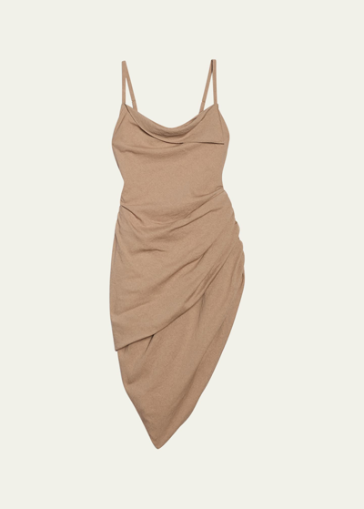 Shop Jacquemus La Robe Saudade Asymmetric Draped Mini Dress In Beige