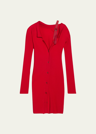Shop Jacquemus Colin Ribbed Knit Mini Dress With Belted Detail In Red