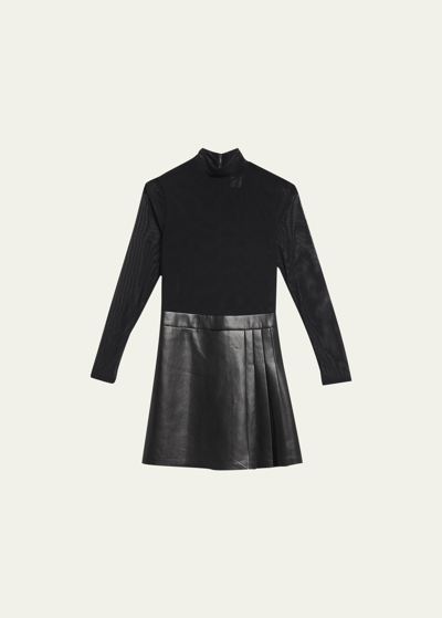 Shop Alice And Olivia Chara Long-sleeve Vegan Leather Pleated Mini Dress In Black